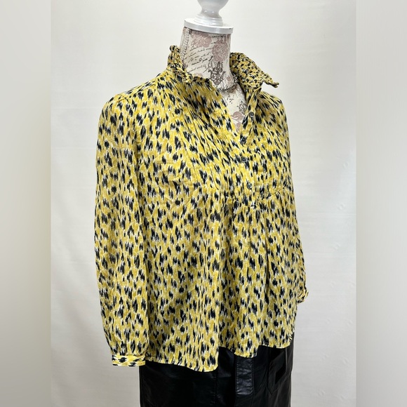 JOIE Yellow and black abstract print ruffle‎ collar top size XS. - Picture 7 of 12